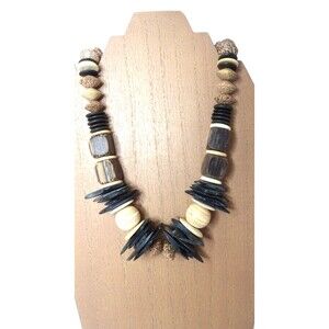 Artisan Wood Bead Boho Barrel Clasp Choker Brown Black Tan Vintage Necklace